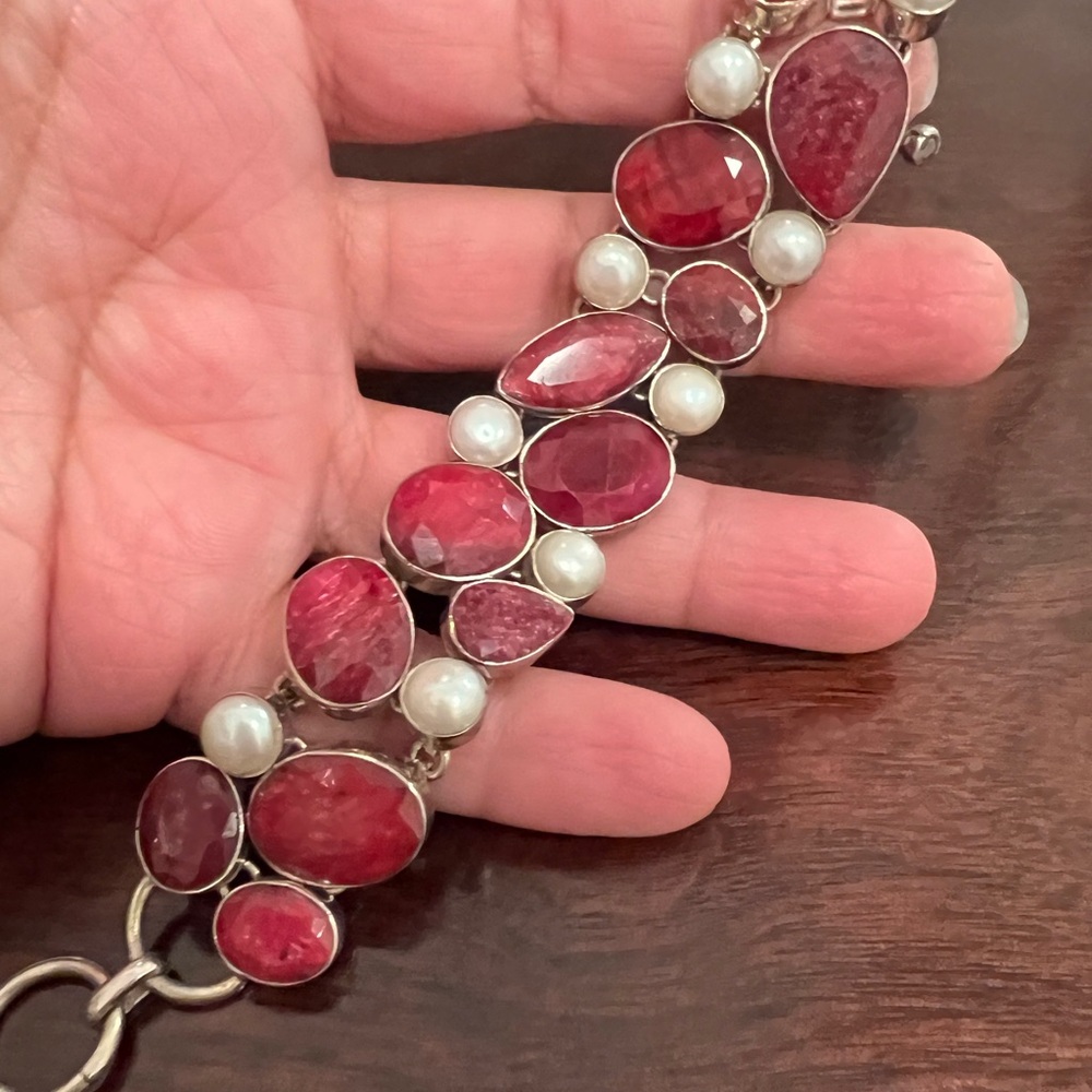 sterling silver vintage genuine ruby and pearl  Women's toggle Bracelet heavy